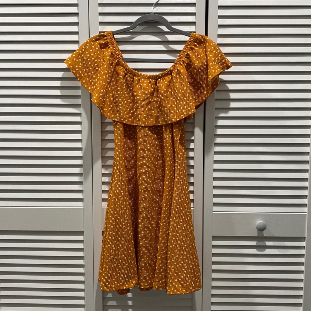 mustard and white polka dot mini dress